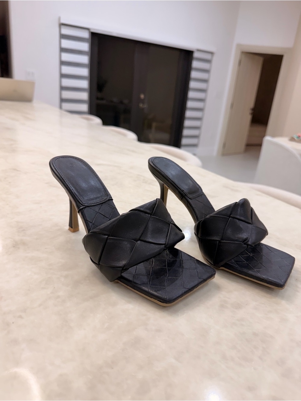 Black Quilted Slide Heel Sandals